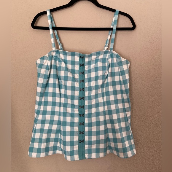 Torrid Women’s Teal and White Plaid Gingham Smocked Crop Top Tank peplum, Sz 2X - Picture 3 of 9